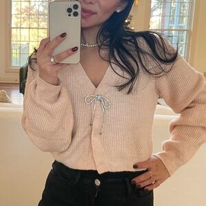 H&M Light Pink Cardigan with Bow Accent